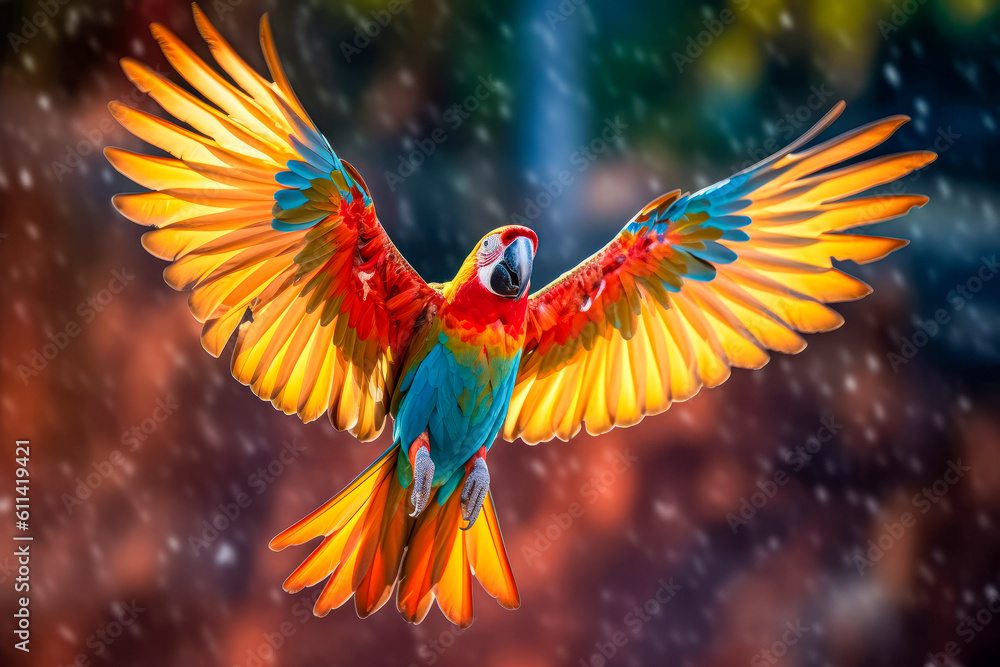 A parrot spreading its wings wide in a colorful display of flight.