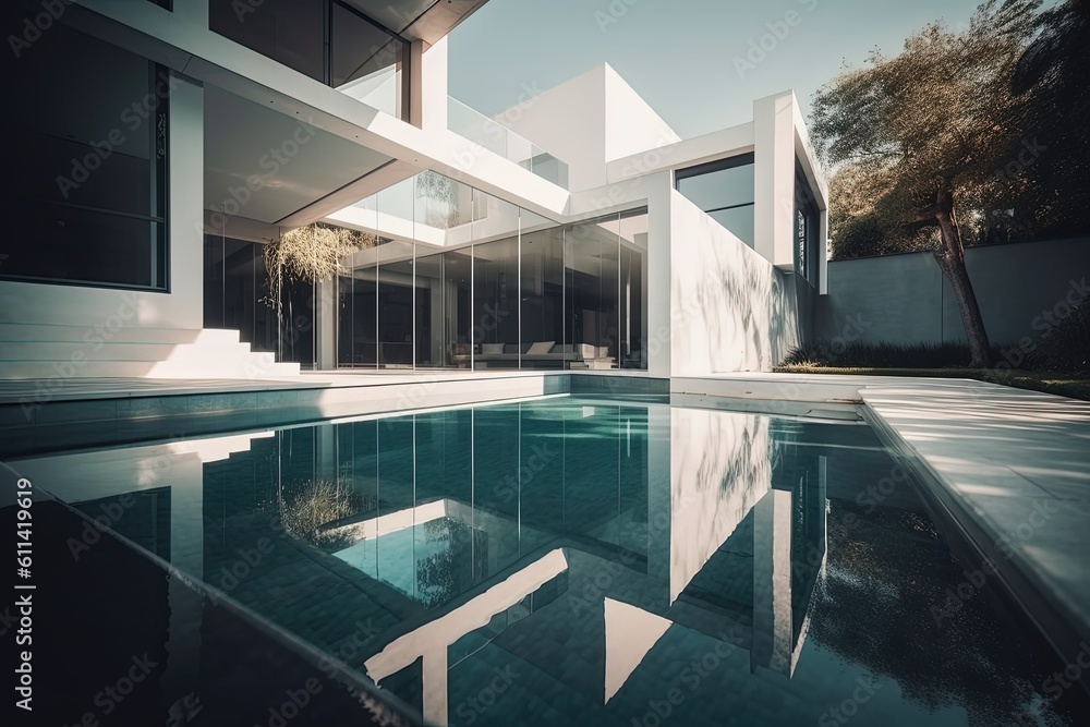 Fototapeta premium Luxury modern architectural house: A captivating blend of sleek design, serene pool, and seamless indoor-outdoor living. Generative Ai