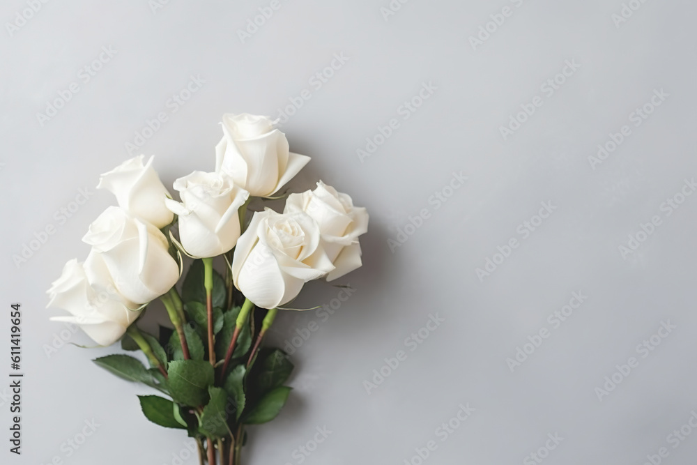 A bunch of white roses sitting on top of a table. Generative AI. Copy space, place for text, copyspace.