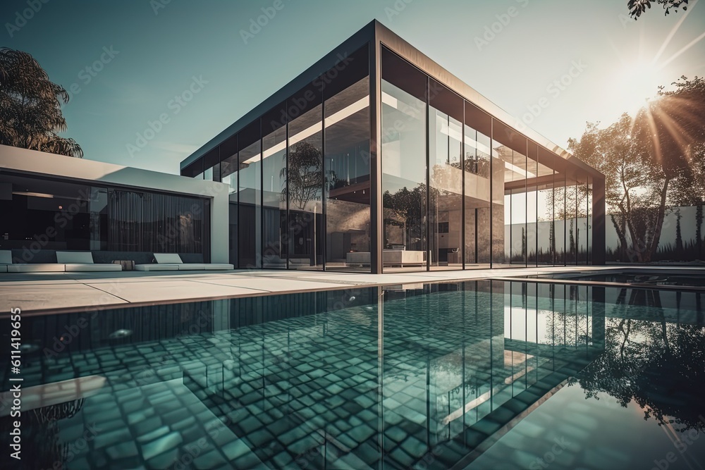 Luxury modern architectural house: A captivating blend of sleek design, serene pool, and seamless indoor-outdoor living. Generative Ai