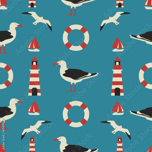 Seamless marine pattern with seagull, lighthouse, boat and sea