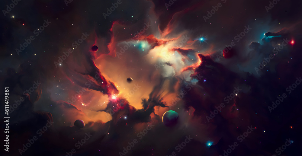 Nebula on a background of outer space whis planets	
