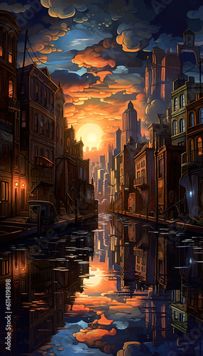 A painting of a sunset over a city. Generative AI.