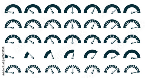 Speedometer black icon. Electric car gauge with arrow, gasoline fuel and empty indicator. Vector automobile speedometer gauge set. Vehicle equipment and dashboard animation collection