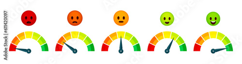 Customer satisfaction indicator. Stress and smile faces for web development, performance and emotional gauge for software application. Vector illustration. Negative evaluation, positive satisfaction