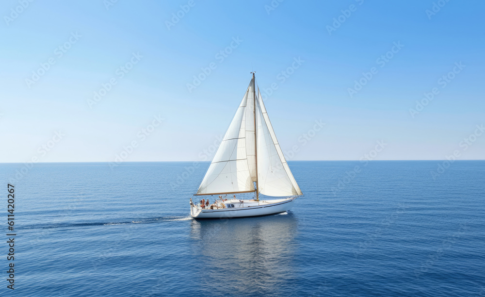 A lonely white sailing yacht in a calm blue sea