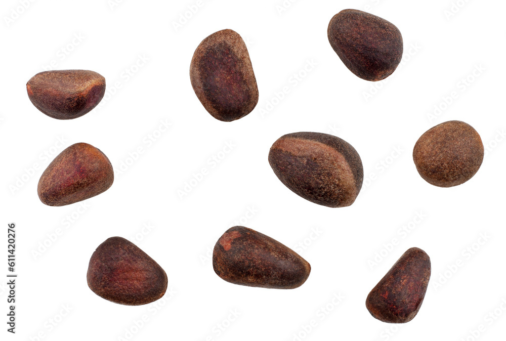 Pine nuts isolated on a white background, top view Pine nuts isolated on a white background, top view