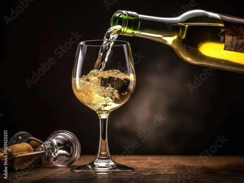 The bottle pours white wine into a glass