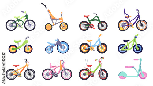 Cartoon kids bicycle. Colorful teen and child cycle, boy and girl bike with basket, different types of colorful bicycle transport. Vector isolated set. Female and male vehicle for cycling