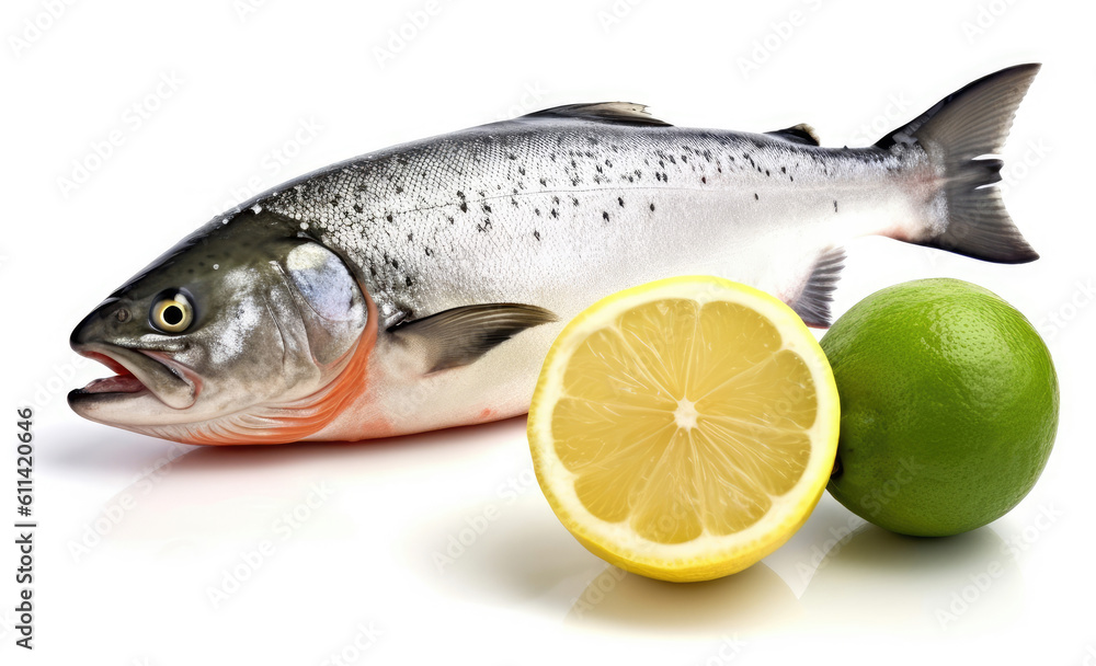 Fresh salmon fish with lemon isolated on white Fresh salmon fish with lemon isolated on white