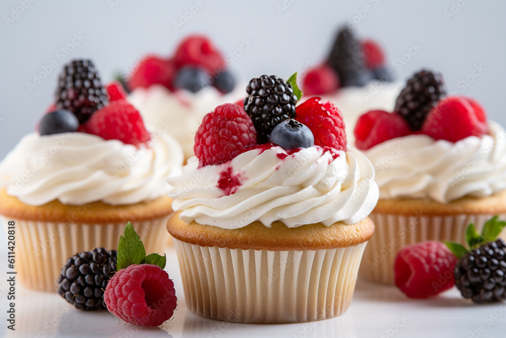 A close up of cupcakes with berries on top. AI generative. A close up of cupcakes with berries on top. AI generative.