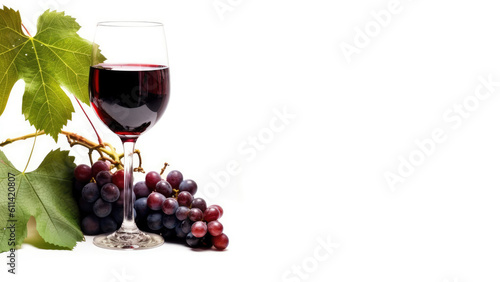 Wine banner with glass of red wine and red vine on white background