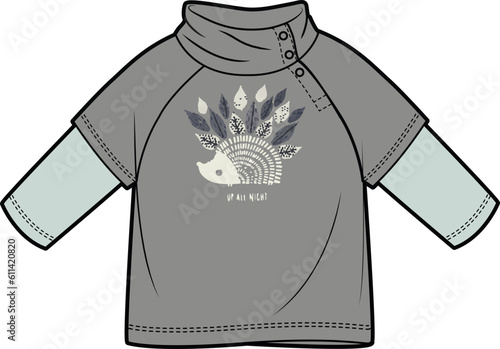 Kids Wear T Shirt with High Neck Full Sleeve and Porcupine Print Vector