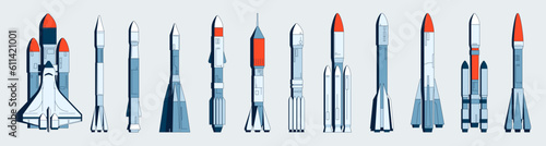 Space rocket collection. Flight spaceship with space module, rocket for suborbital flight, space mission and astronomy concept. Vector set. Futuristic technology, spacecrafts for exploration