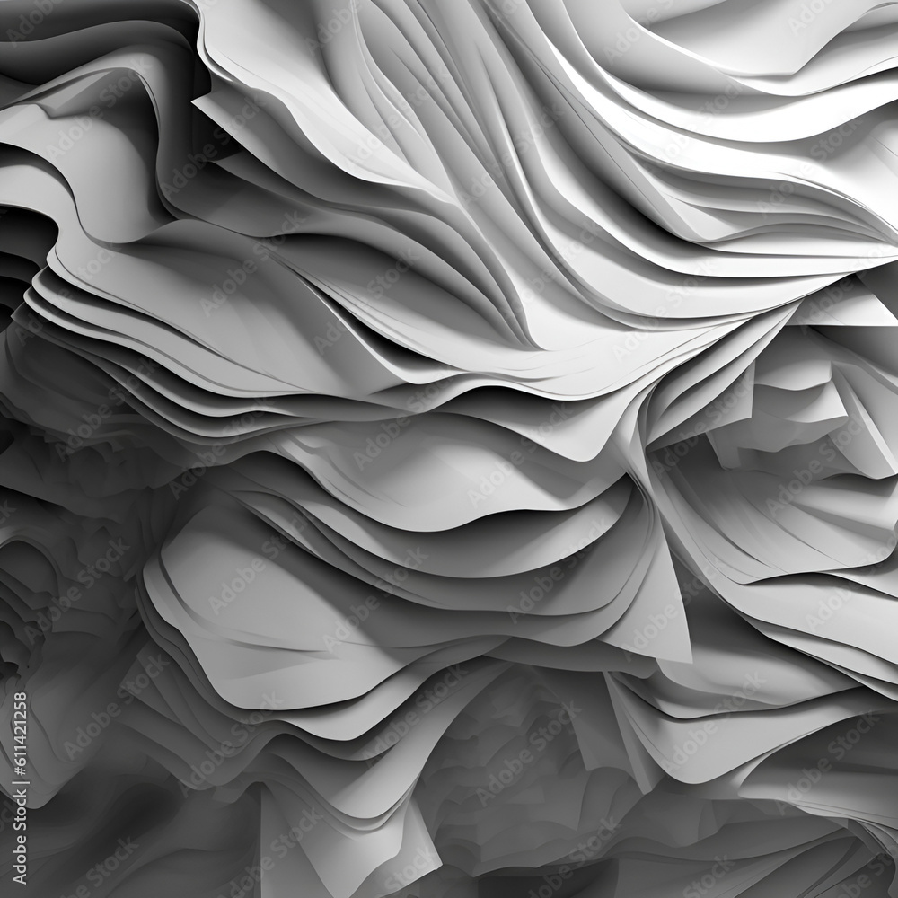 3d model of a white wavy paper on top of a gray background. Generative AI.