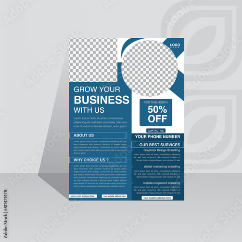 modern blue color flyer design template. corporate creative idea clean vector illustration a4 half page single advertising brochure layout .	