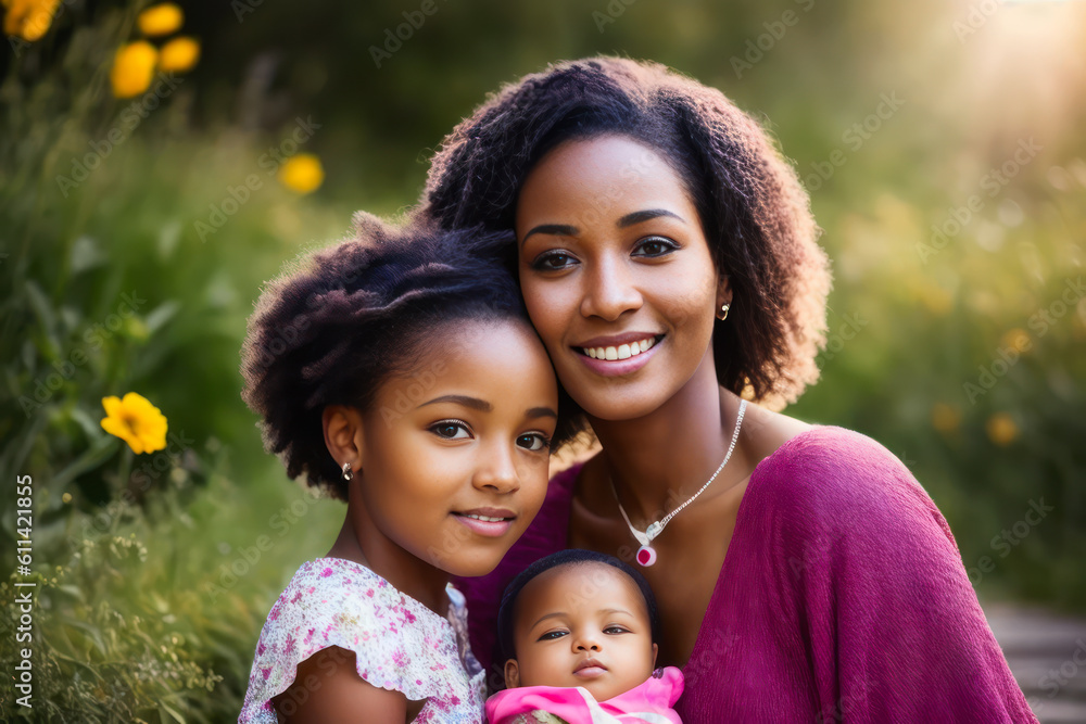 Fototapeta premium Digital photo of the mother holds the child in her arms at the beautiful floral background. Generative AI