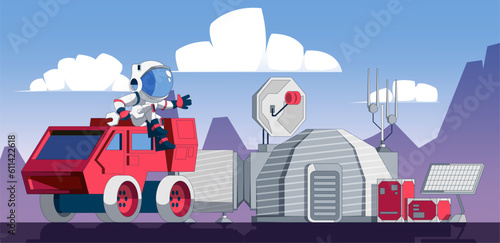 Astronaut on alien planet. Cartoon space exploration mission, rover on Mars surface and satellite antena, space exploration concept. Vector illustration. Cosmonaut in spacesuit with equipment