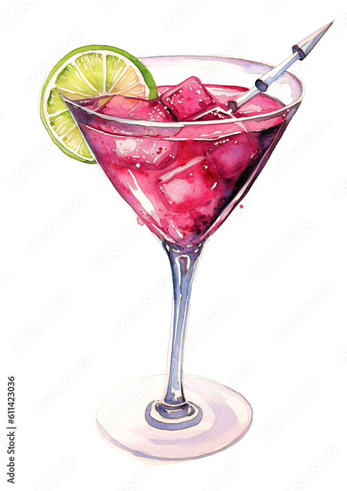 Cosmopolitan cocktail in watercolor design isolated against transparent Cosmopolitan cocktail in watercolor design isolated against transparent