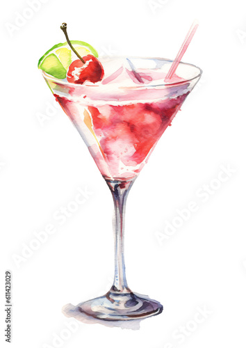 Cosmopolitan cocktail in watercolor design isolated against transparent
