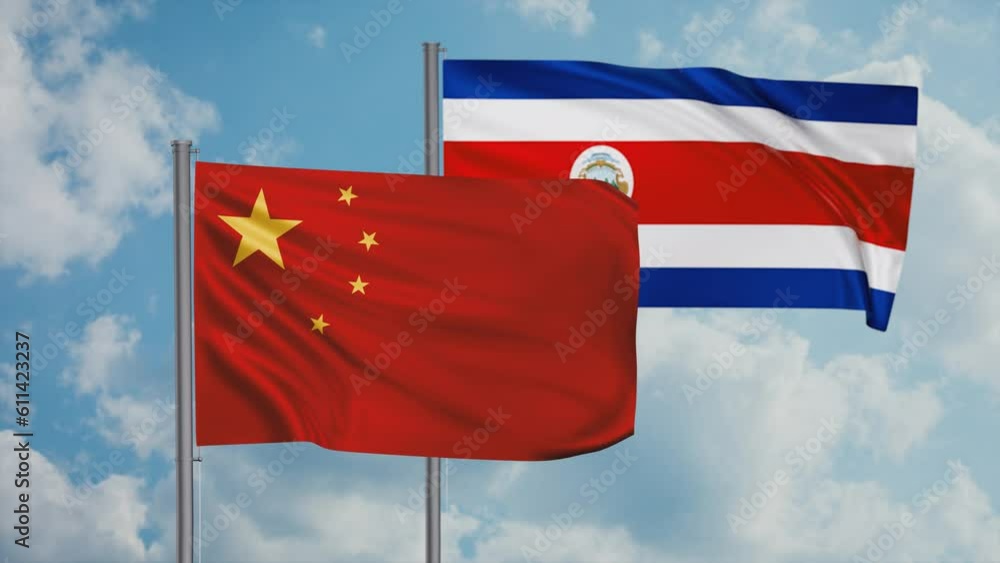 Costa Rico and China flag waving together in the wind on blue sky, cycle looped video, two country cooperation concept Costa Rico and China flag waving together in the wind on blue sky, cycle looped video, two country cooperation concept