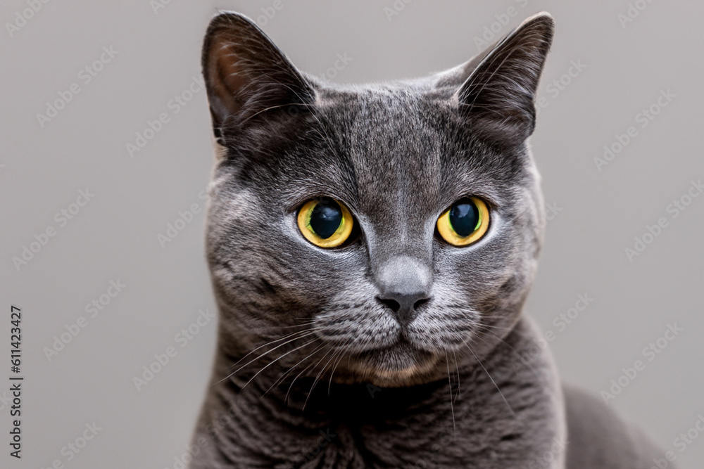 Portrait beautiful funny grey British cat with copy space photography made with Generative AI