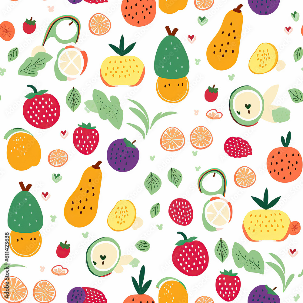 Cute seamless fruits pattern, repeat background tile wallpaper illustration doodle textile design, seamless pattern, suitable for printing wrapping paper. Generative AI Cute seamless fruits pattern, repeat background tile wallpaper illustration doodle textile design, seamless pattern, suitable for printing wrapping paper. Generative AI
