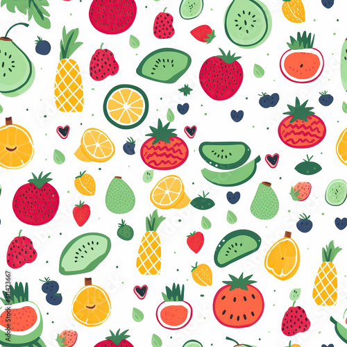 Cute seamless fruits pattern  repeat background tile wallpaper illustration doodle textile design  seamless pattern  suitable for printing wrapping paper. Generative AI