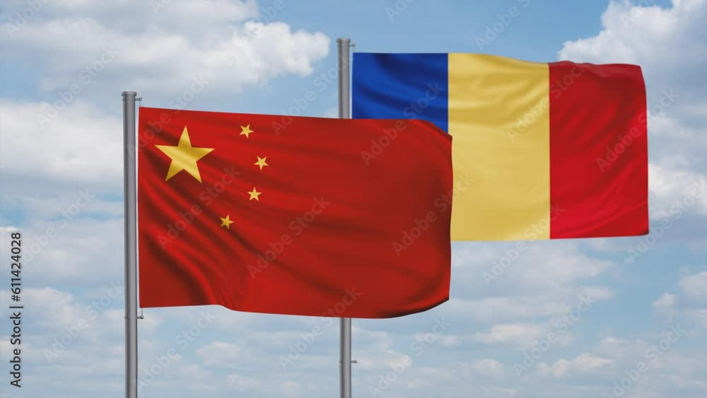Romania and China flag waving together in the wind on blue sky, cycle looped video, two country cooperation concept Romania and China flag waving together in the wind on blue sky, cycle looped video, two country cooperation concept