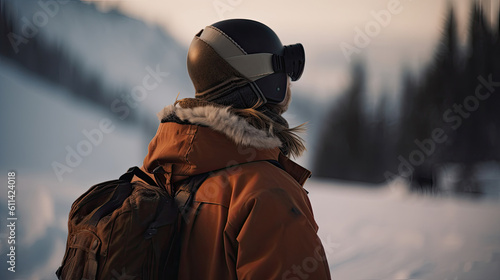 back view of a skier or snowboarder with a thick jacket, helmet and goggles. Generative AI © jr-art