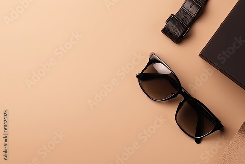 top view on a pair of glasses and a watch. design for father's day. Generative AI