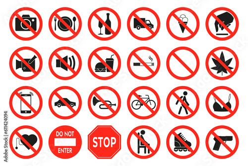 Prohibition signs. Alcohol, tobacco, mobile phone and computer usage signs, warning icons for public and business. Vector set. No food, bicycle, rollerskating and weapons, forbidden objects