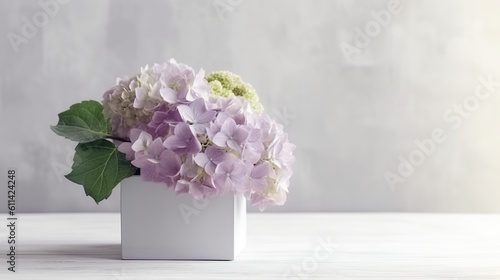 A white vase filled with purple and green flowers. Generative AI. Panoramic banner with hydrangea flowers, copy space. photo