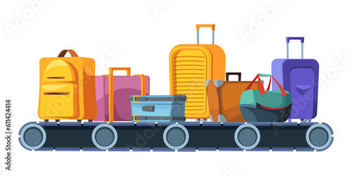Luggage conveyor. Cartoon belt with suitcases, horizontal airport baggage inspection, luggage transportation concept. Vector illustration. Airport terminal, bags and suitcases control or check