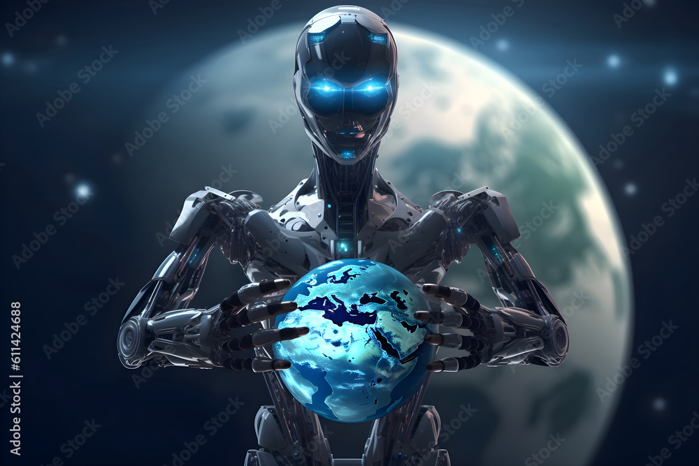 Robot ai artificial intelligence with earth,world technology security system and business industry concepts Robot ai artificial intelligence with earth,world technology security system and business industry concepts