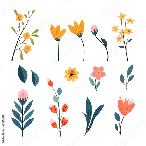 set of hand drawn flowers and leaves vector illustration in flat style