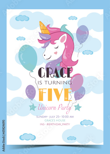 5th birthday card with Unicorn elements design. Turning five years invitation. Ready to print. Vector Illustration