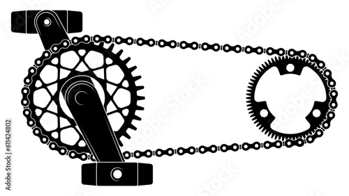 Bicycle chain drive. Gear mechanism with sprocket wheel and bicycle drive belts, urban transport pedal gearshift mechanism. Vector illustration. Equipment component for bike, vehicle parts