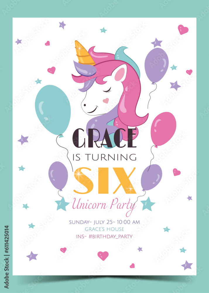 6th Birthday card with Unicorn elements design. Turning six years invitation. Ready to print. Vector Illustration 6th Birthday card with Unicorn elements design. Turning six years invitation. Ready to print. Vector Illustration