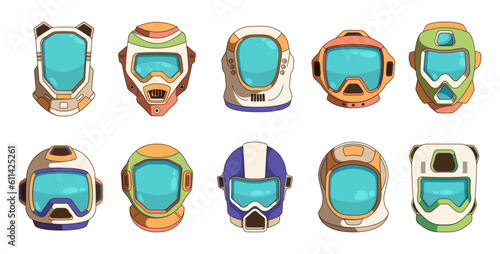 Cartoon astronaut head set. Futuristic comic space costume, 2d game asset, cosmic space pilot helmet with antenna for UI design. Vector flat set. Spacesuit headwear for cosmos exploration