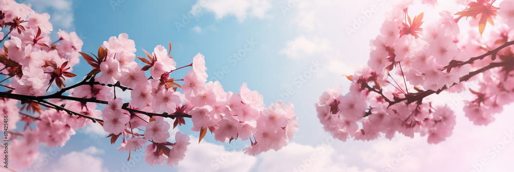 Fototapeta premium Pink Blossom with Sky Background, banner, generative AI