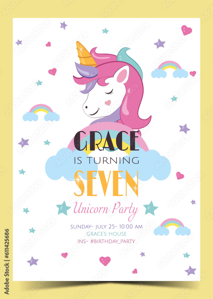 7th Birthday card with Unicorn elements design. Turning seven years invitation. Ready to print. Vector Illustration 7th Birthday card with Unicorn elements design. Turning seven years invitation. Ready to print. Vector Illustration
