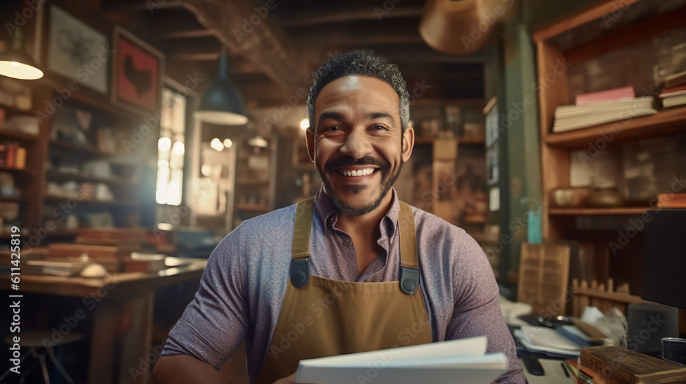Fototapeta premium Close up portrait of small business owner calculating his bills and revenue. Doing necessary paperwork for his business. Сreated with Generative AI technology.