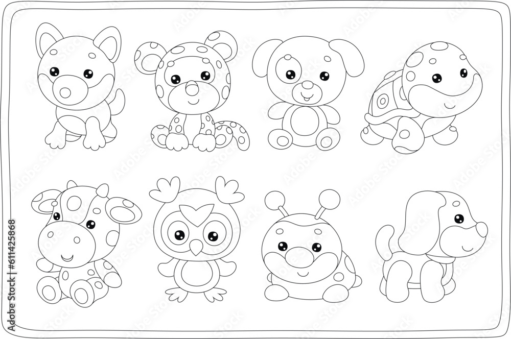 Fototapeta premium Toy baby animal characters with a cute little wolf, leopard, dog, turtle, cow, owl, ladybug and pup, set of vector cartoon illustrations