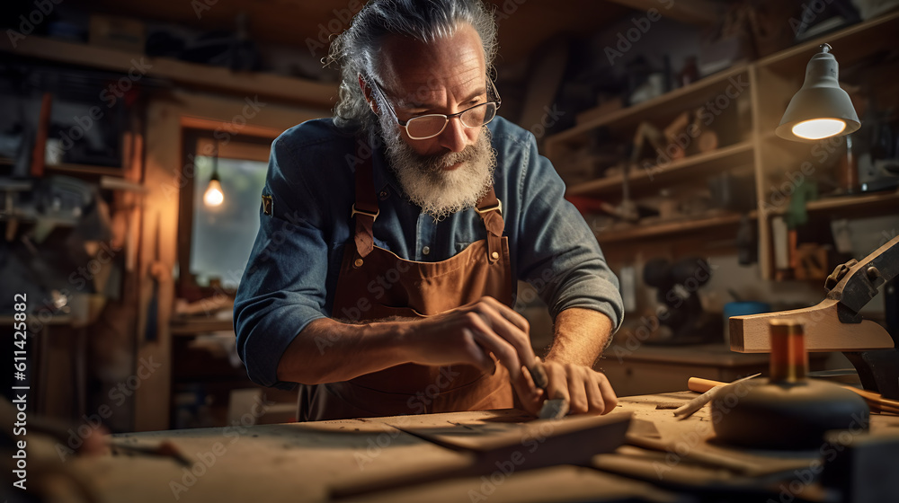 Сarpenter sitting in his workshop. Makes a markup for the future product. Created with Generative AI technology. Сarpenter sitting in his workshop. Makes a markup for the future product. Created with Generative AI technology.