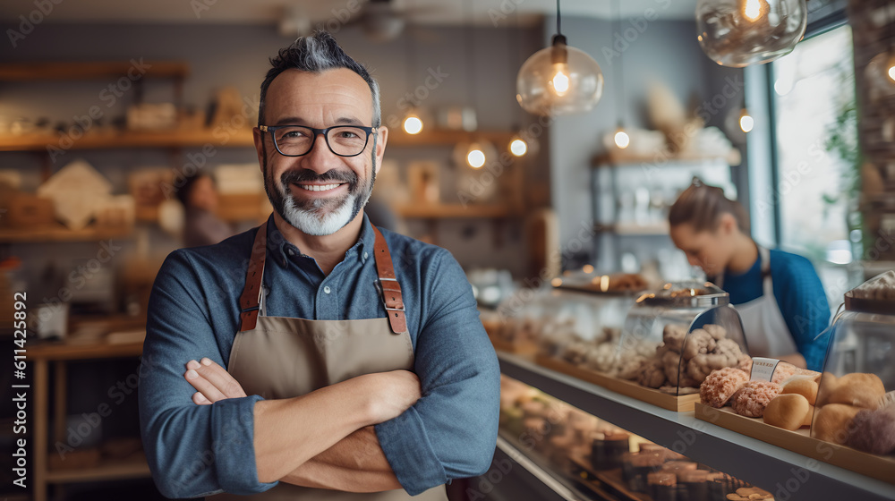 Successful small business owner standing with crossed arms with employees in background.Сreated with Generative AI technology. Successful small business owner standing with crossed arms with employees in background.Сreated with Generative AI technology.