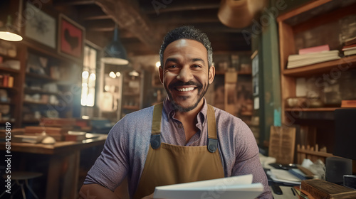 Close up portrait of small business owner calculating his bills and revenue. Doing necessary paperwork for his business. Сreated with Generative AI technology.