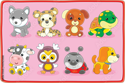 Toy baby animal characters with a cute little wolf, leopard, dog, turtle, cow, owl, ladybug and pup, set of vector cartoon illustrations