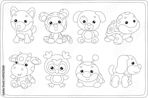 Toy baby animal characters with a cute little wolf, leopard, dog, turtle, cow, owl, ladybug and pup, set of vector cartoon illustrations