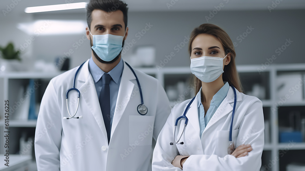 Close-up portrait of a female and male doctors against the backdrop of hospital. Сreated with Generative AI technology.